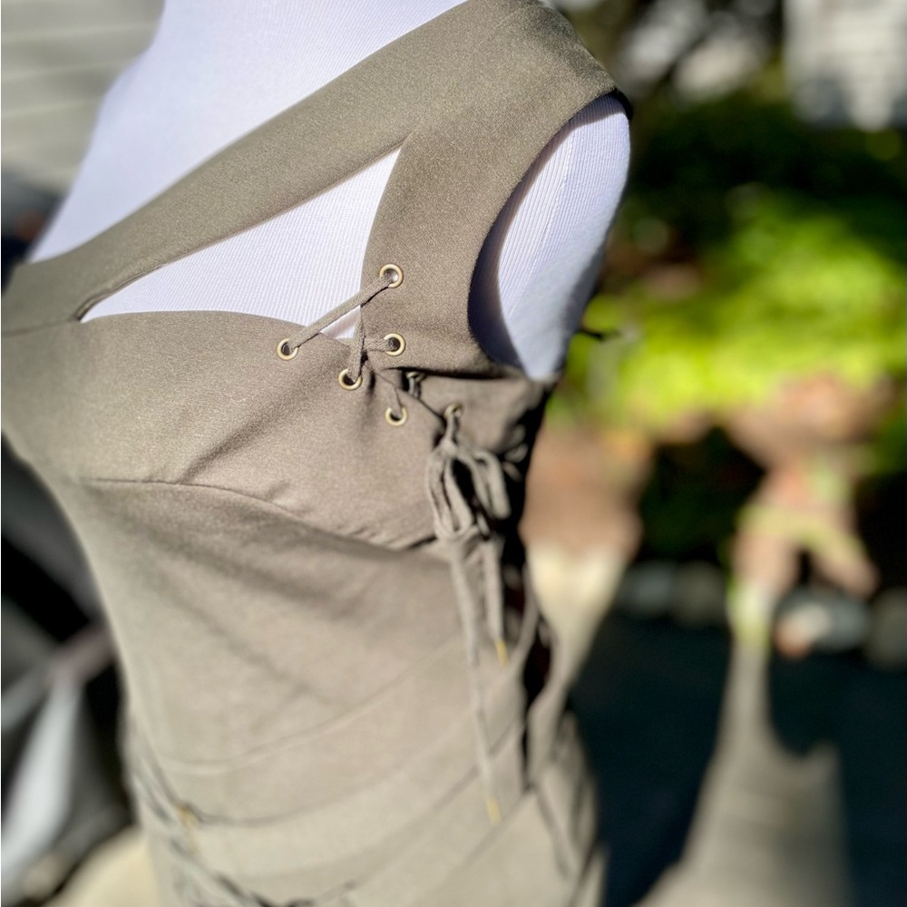 L.A.M.B. Olive Green. Asymmetric Strapless Dress. Rare Gwen Stefani Design! - Picture 3 of 8